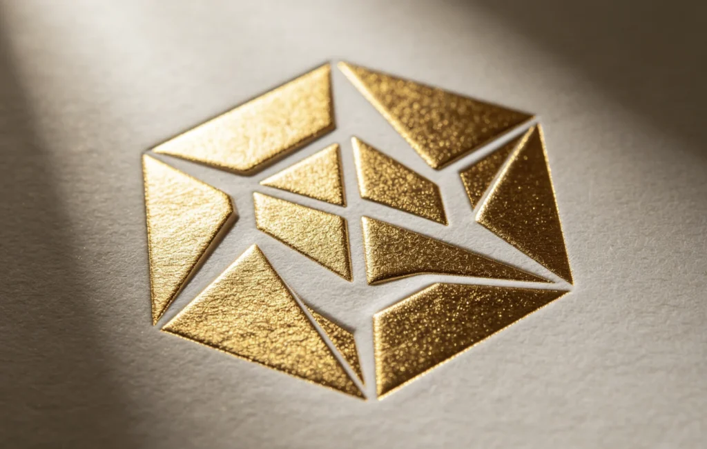 Macro shot of dimensional 3D geometric hexagon gold foil logo made with pre-emboss + foil two-step ZHENGFEI brass die process on textured paper.