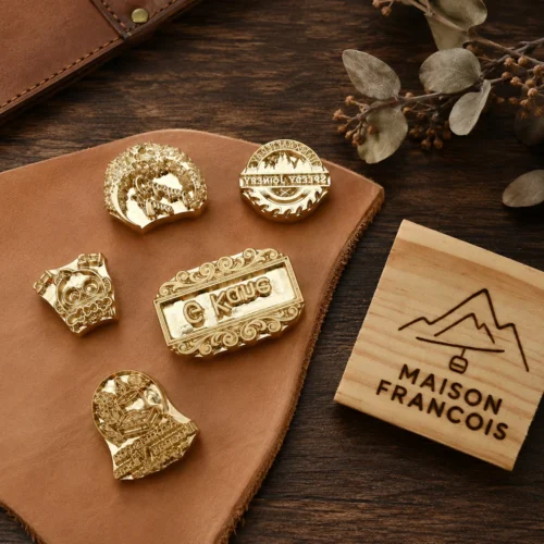 Ornate vintage floral & scroll brass branding dies styled with leather wallet and dried foliage on dark wood display surface.