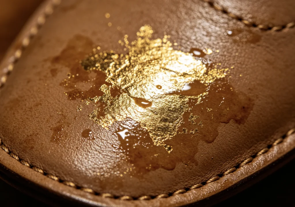 Water droplets causing gold foil discoloration and peeling on brown leather, abrasion & moisture adhesion failure reference.