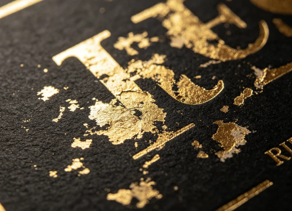 Macro close-up of cracked, fragmented gold foil flaking off black paper from mismatched non-heat-activated foil with ZHENGFEI brass stamping mold.