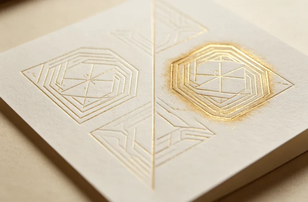 3D embossed foil stamping on paper sample, test result using 3D relief hot stamping die at reference temperature 110°C