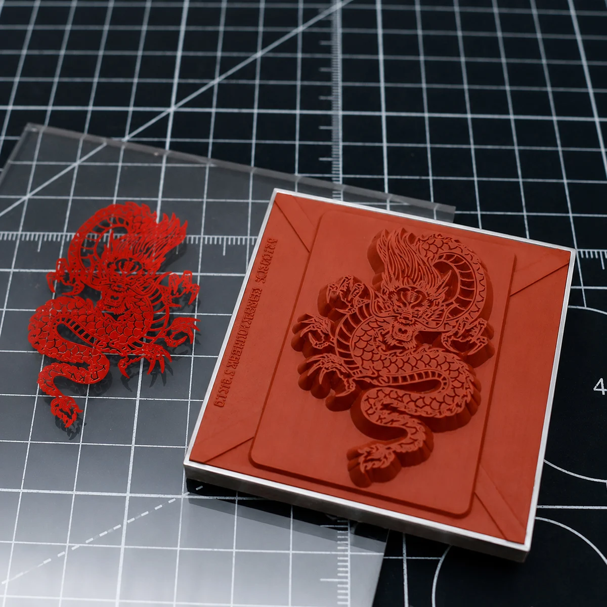 Intricate chinese dragon silicone hot stamping mold and foil‑transferred PMMA acrylic test sample