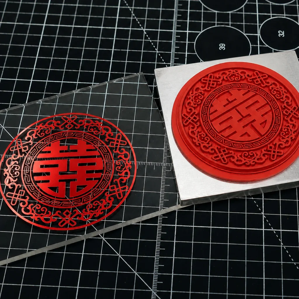 Custom chinese double‑happiness graphic silicone mold foil stamping sample on PMMA acrylic sheet