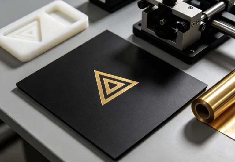 TJ8020PS machine ABS plastic foil stamping test sample, gold geometric logo with silicone mold at 190°C
