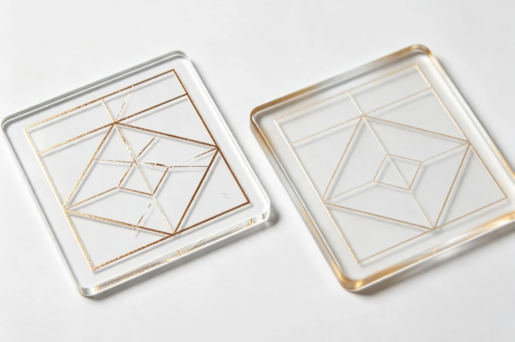 TJ8020PS hot stamping machine geometric foil stamping test samples on clear PMMA acrylic sheet