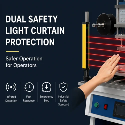 WT‑TJ8020PS hot‑stamping‑machine dual safety light‑curtain feature marketing infographic