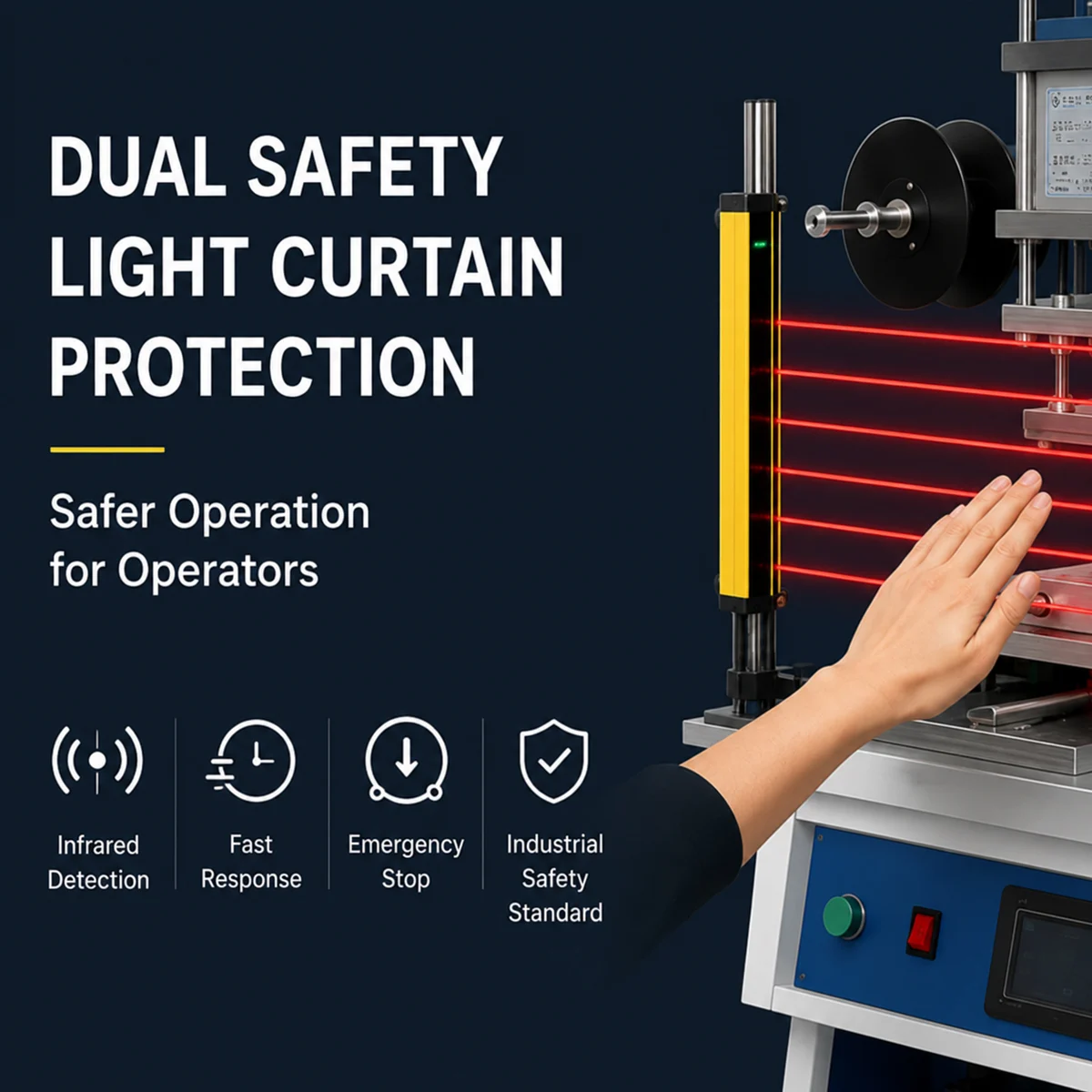 WT‑TJ8020PS hot‑stamping‑machine dual safety light‑curtain feature marketing infographic