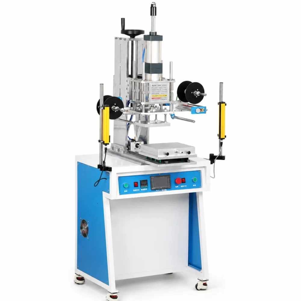 WT‑TJ8020PS pneumatic hot foil stamping machine side view, pneumatic cylinder and foil roll holder assembly