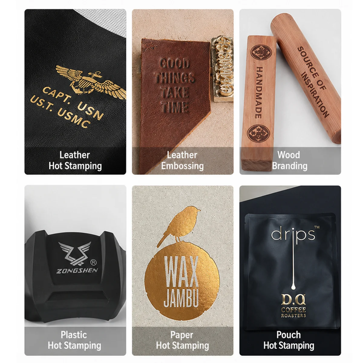 WT‑TJ8020PS pneumatic hot foil stamping machine samples for leather, wood, plastic, paper and pouch hot stamping