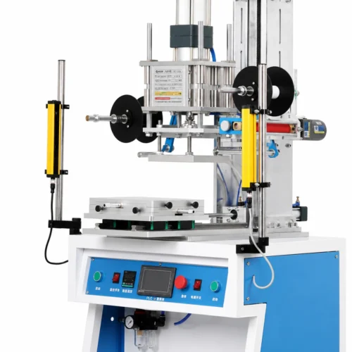 WT‑TJ8020PS hot foil stamping machine close‑up of pneumatic cylinder, foil feeding and safety light curtain parts