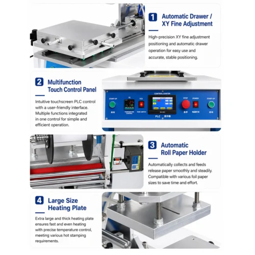WT‑TJ8020PS hot stamping machine showing XY fine‑tune drawer, PLC touchscreen, foil holder and large heating plate