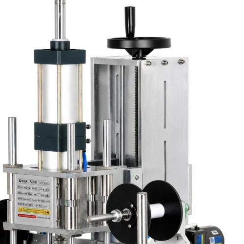 WT‑TJ8020PS hot stamping machine pneumatic cylinder and manual height‑adjust handwheel close‑up