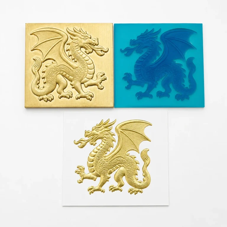 Custom 3D dragon relief brass hot stamping die paired with silicone counter‑die, finished gold foil embossed sample for premium packaging