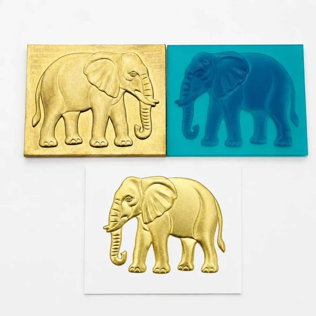 Custom 3D elephant relief brass hot stamping die with silicone counter‑die and gold foil stamping sample output, CNC engraved 0.01mm precision