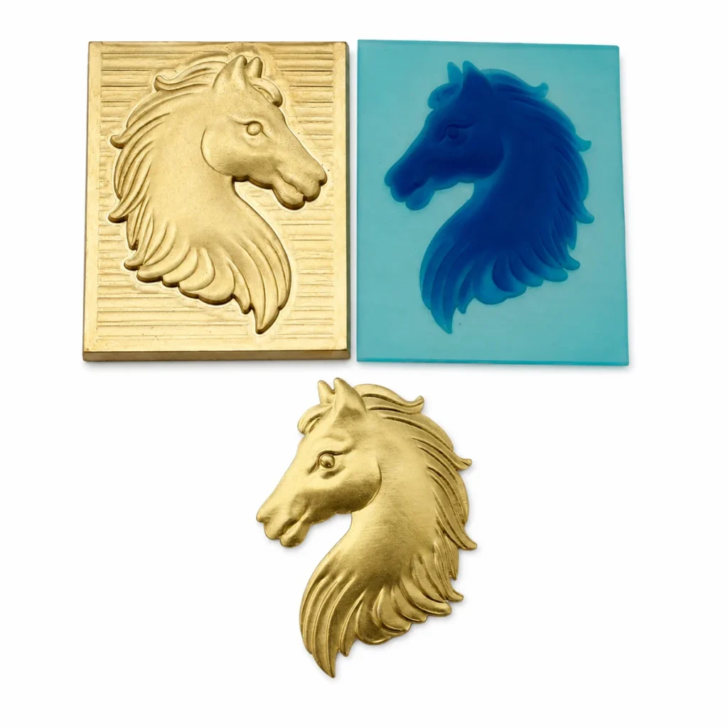 3D horse‑head relief brass hot stamping die with silicone counter‑die and gold foil embossed sample for branding & packaging
