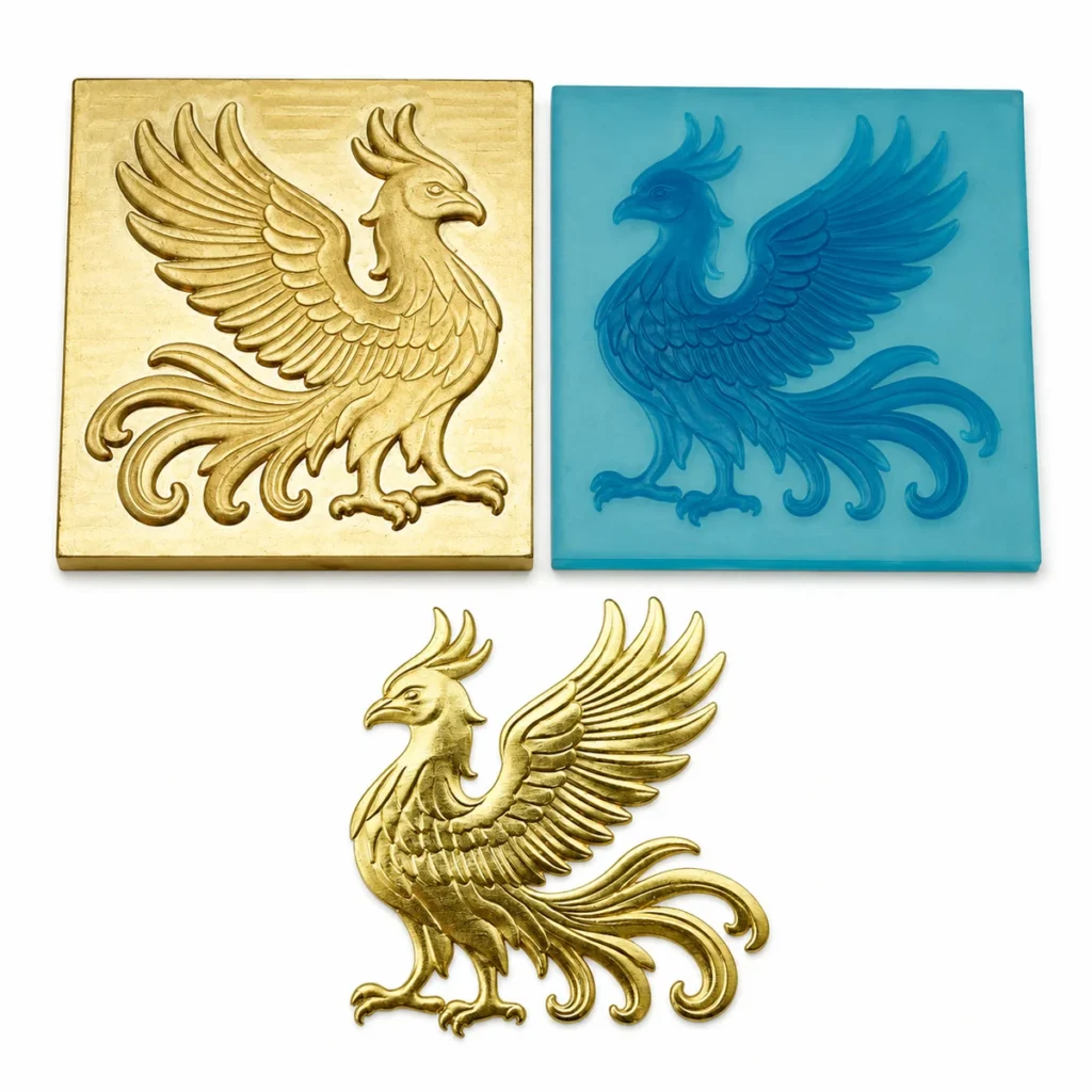 Custom 3D phoenix relief brass hot stamping die, silicone counter‑die and finished gold foil embossed sample output