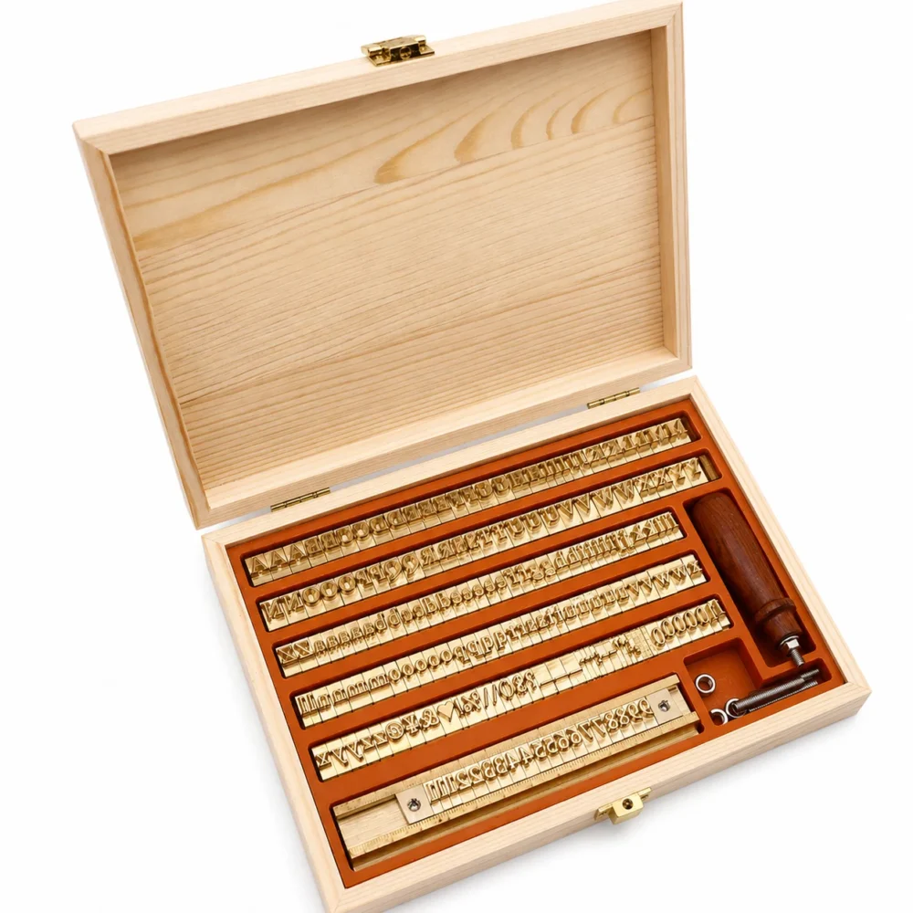 ZHENGFEI movable brass letter full kit inside pine wood case with brass holder and stamping accessories
