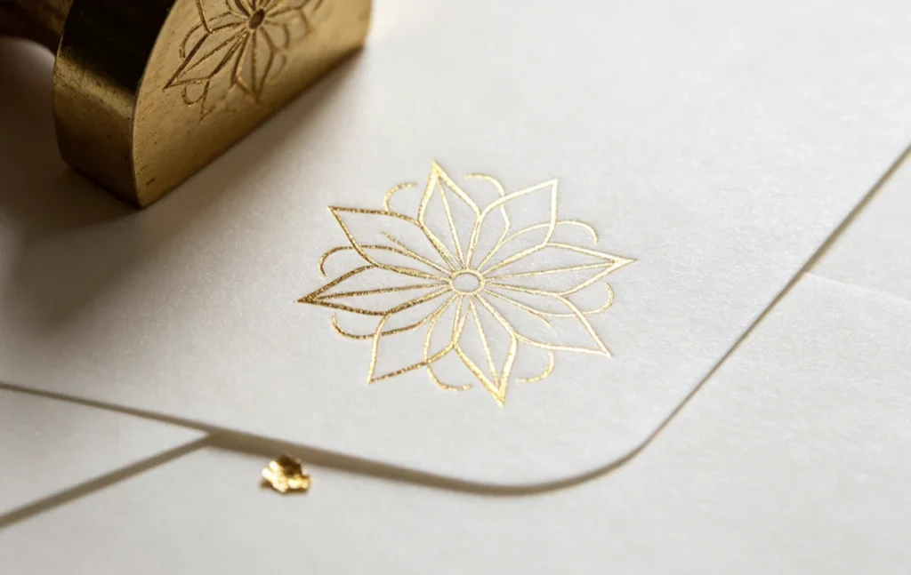 ZHENGFEI custom brass hot stamping mold, mandala floral gold foil stamping close‑up on textured pearl paper, fine detail showcase