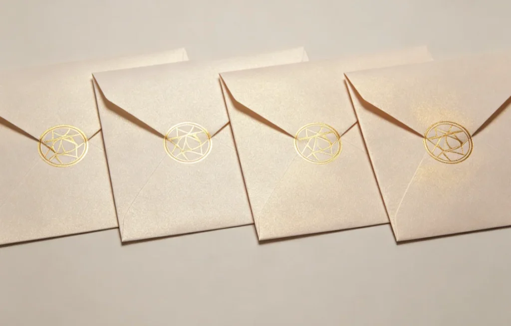 ZHENGFEI custom brass stamping die, gold foil stamped geometric seal on champagne pearl paper wedding envelopes, finished product display