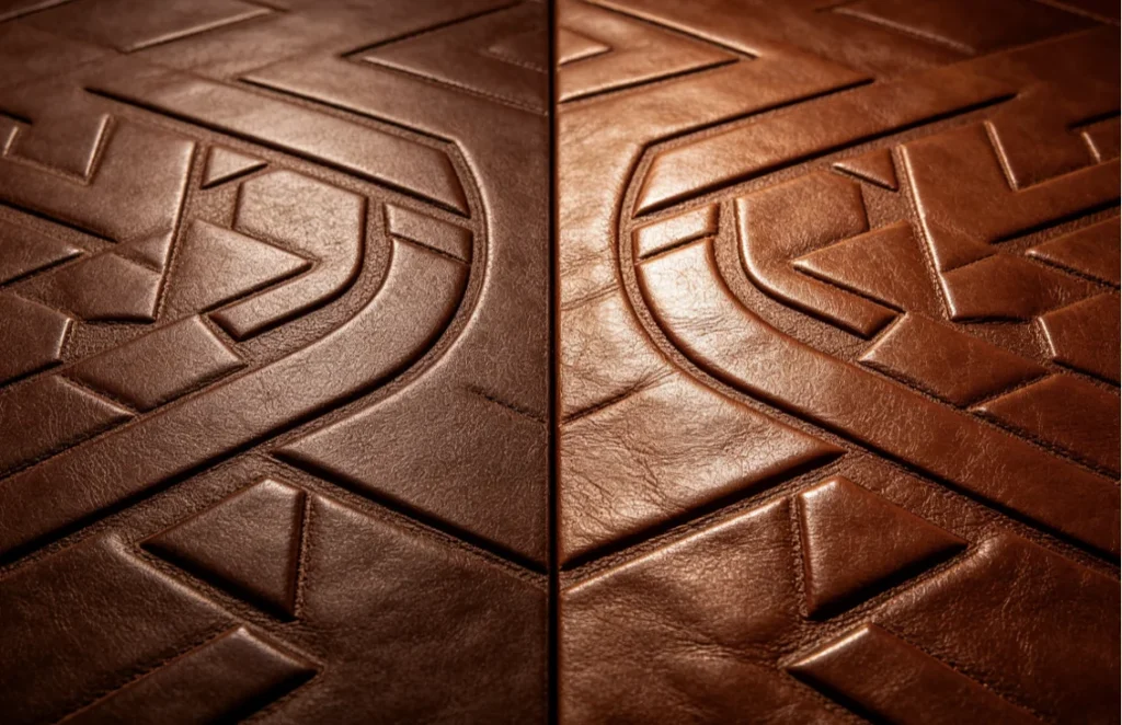 Side‑by‑side symmetrical geometric large‑area leather embossing test sample produced on YTJ‑5T hydraulic hot stamping press