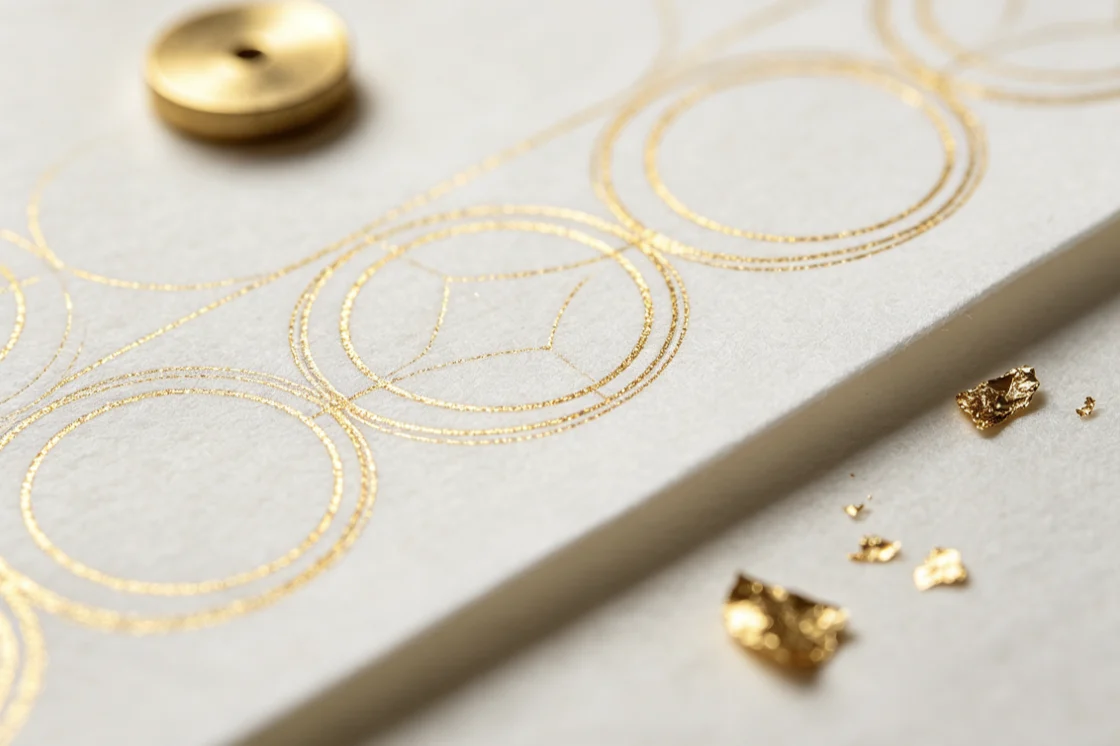 EC‑27 hot stamping test, fine‑line geometric gold foil pattern printed on textured paper with foil fragments