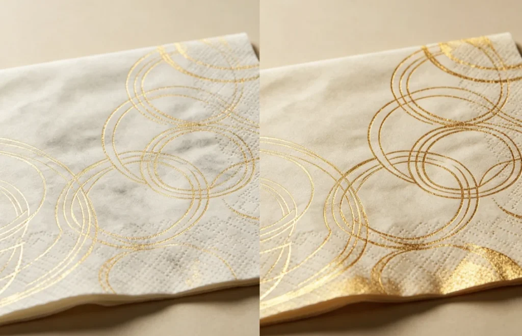 EC‑27 manual hot stamping machine side‑by‑side gold foil transfer test on textured paper napkin