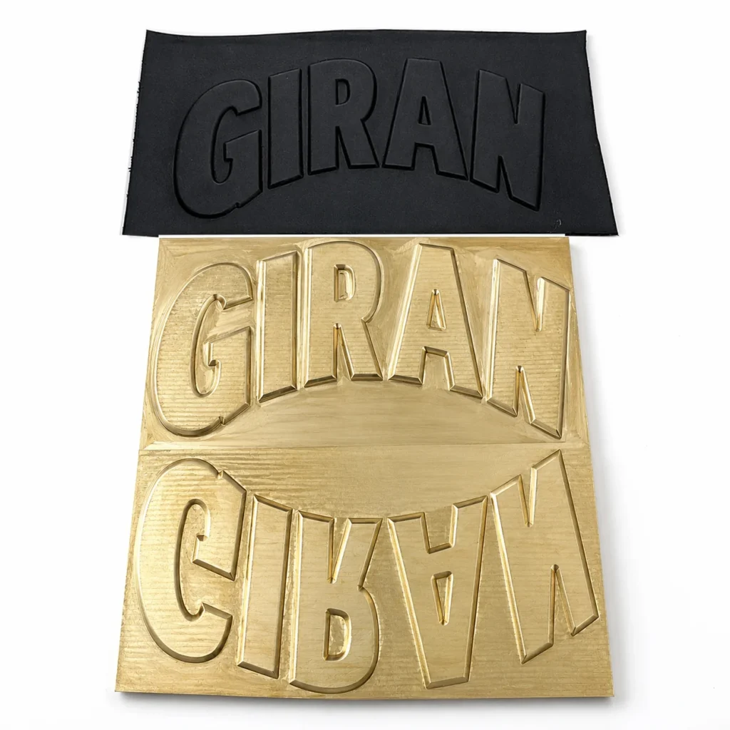 GIRAN custom‑text 3D brass relief hot stamping die and black silicone counter‑die for deep leather embossing