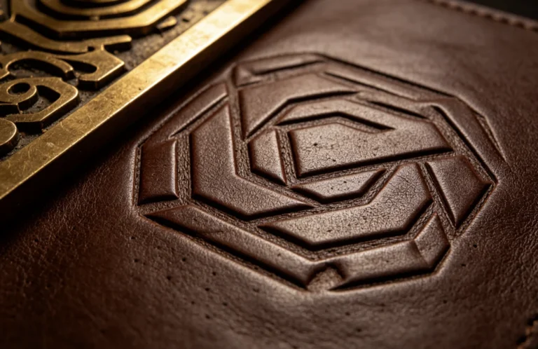 YTJ‑5T hydraulic press 3D leather embossing sample, geometric hexagon pattern made with CNC 0.01mm precision brass relief die