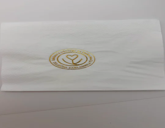 Pearl paper napkin hot stamping test at 120 degree celsius, gold foil logo over‑heat effect, custom brass hot stamping mold sample from Dongguan factory direct