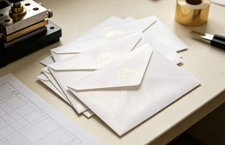 ZHENGFEI TJ8020PS brass hot stamping mold, gold foil stamping geometric logo on pearl paper envelopes, factory test sample workbench shot