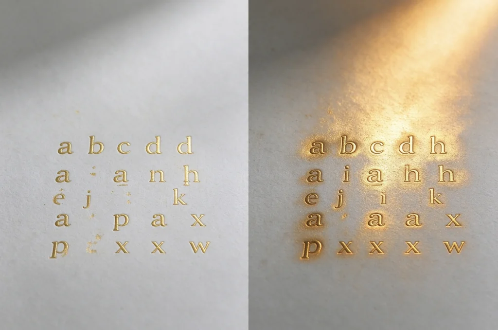 EC-27 3mm small letter foil stamping comparison of clean and over-heated foil transfer results