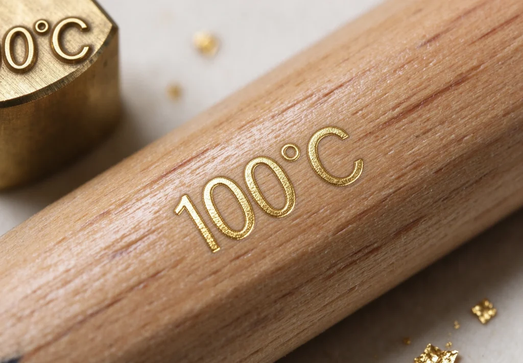 EC-27 100°C pencil foil stamping sample with 3mm "100°C" brass letter die