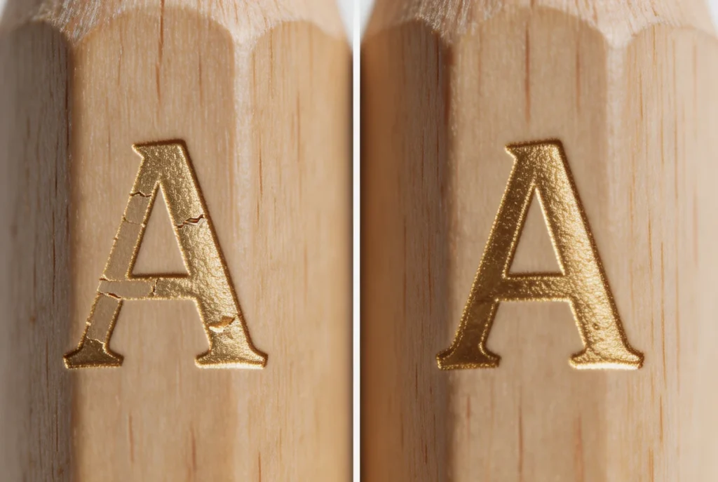 EC-27 pencil foil stamping test, 3mm letter A comparison of 80°C incomplete and 100°C clean result