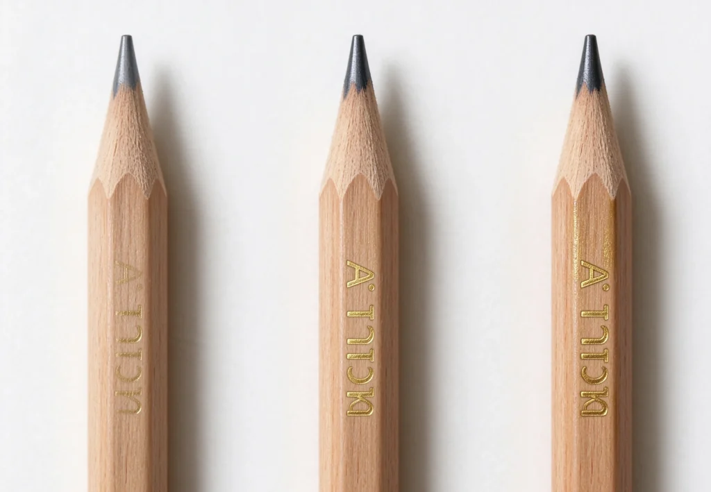 EC-27 pencil foil stamping comparison of 80°C, 100°C and 120°C with 3mm vertical lettering