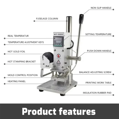 WT-90DS hot stamping machine labeled parts: control, handle, heating plate and worktable