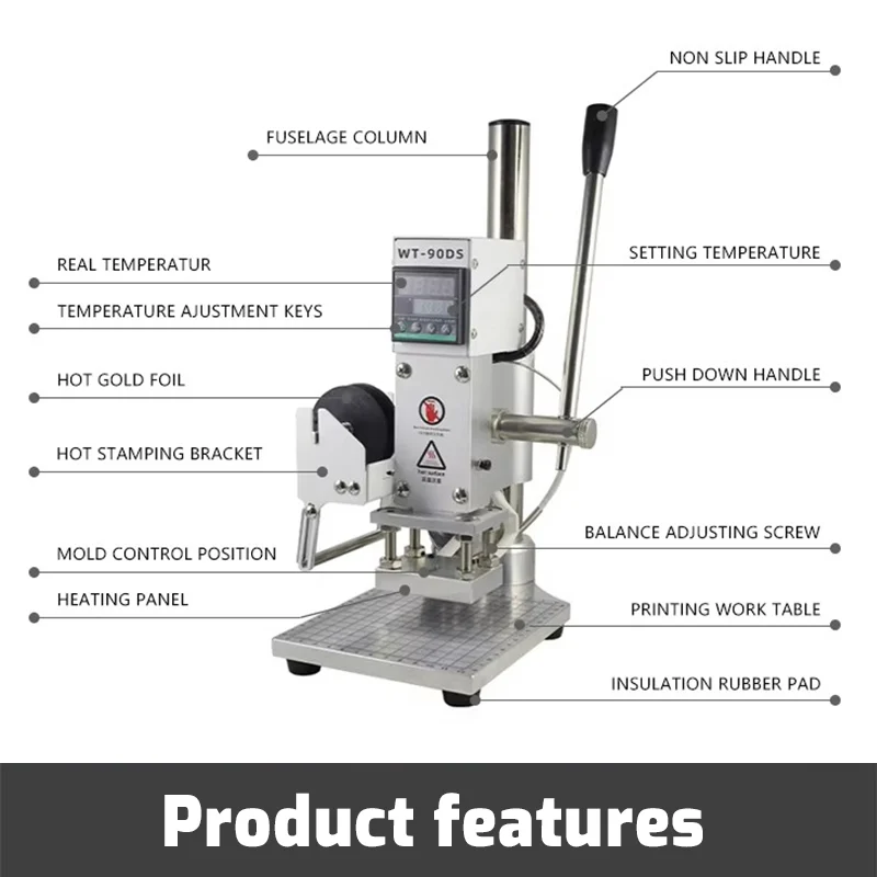 WT-90DS hot stamping machine labeled parts: control, handle, heating plate and worktable