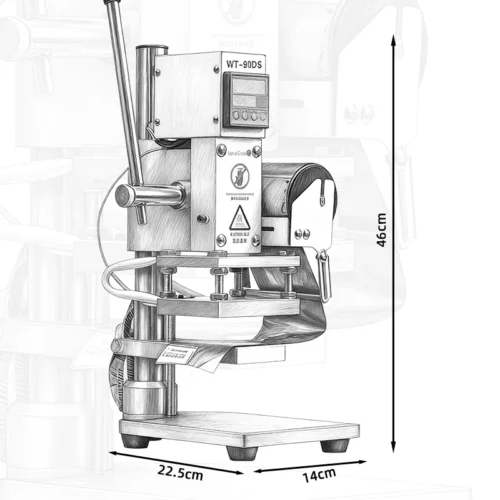 WT-90DS hot stamping machine dimension drawing, 46cm height, 22.5×14cm base