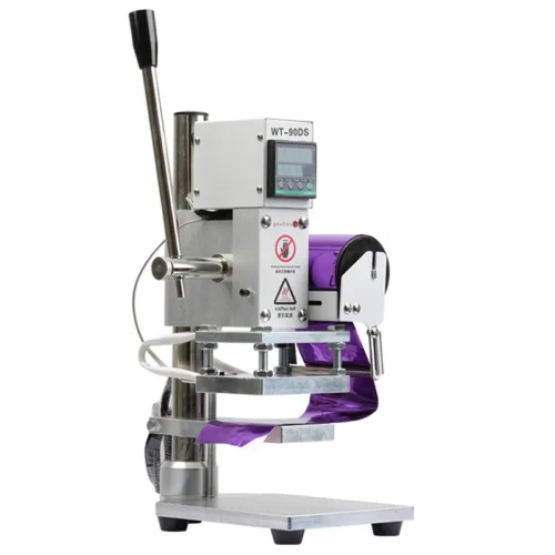 WT-90DS manual hot stamping machine front view with foil roll holder and digital temperature display