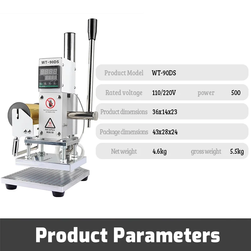 WT-90DS manual hot stamping machine with digital temperature control and product specification parameters