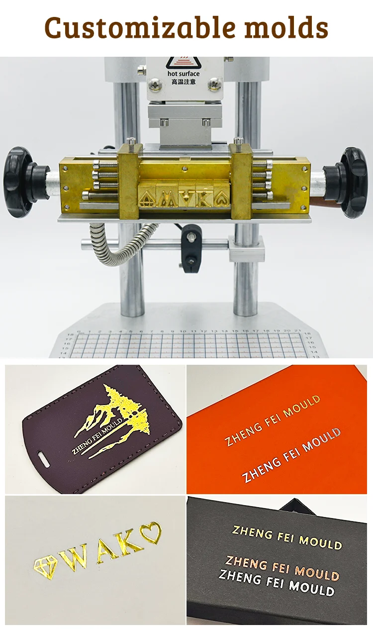 WT-90SK machine customizable brass molds and leather paper foil stamping sample works