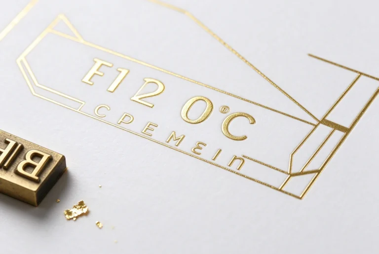 WT-90SK hot foil stamping creates gold lettering and a geometric border on white cardstock