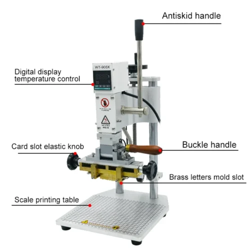 WT-90SK hot stamping machine labeled parts: control, handles, mold slot and scale worktable