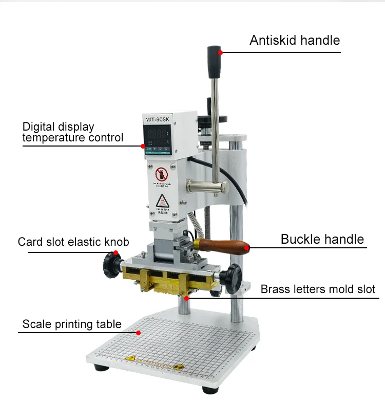 WT-90SK hot stamping machine labeled parts: control, handles, mold slot and scale worktable