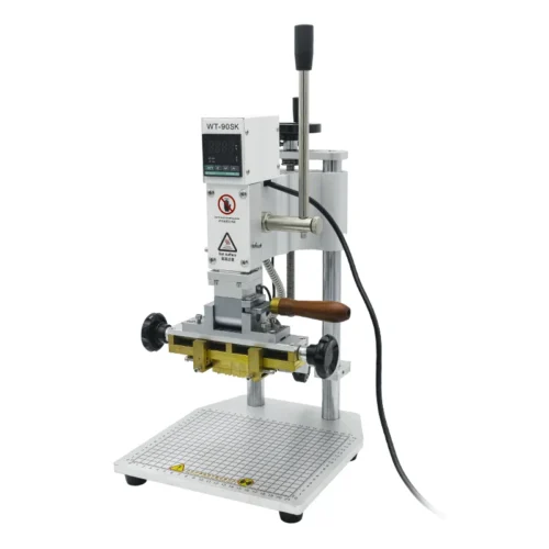 WT-90SK manual hot foil stamping machine side front angle with digital controller and worktable