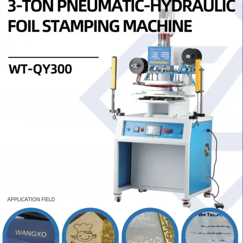 WT-QY300 3 ton hot foil stamping machine brochure showing stamping samples on paper, wood, leather, plastic